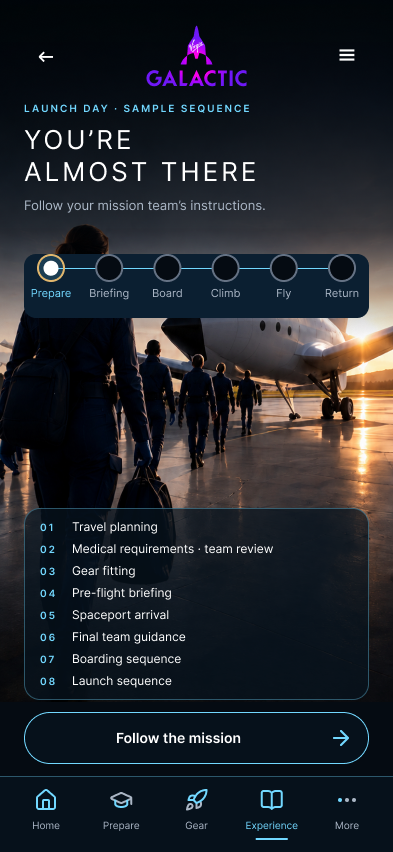 Virgin Galactic launch screen showing an example mission timeline, completed preparation milestones and the next climb phase.