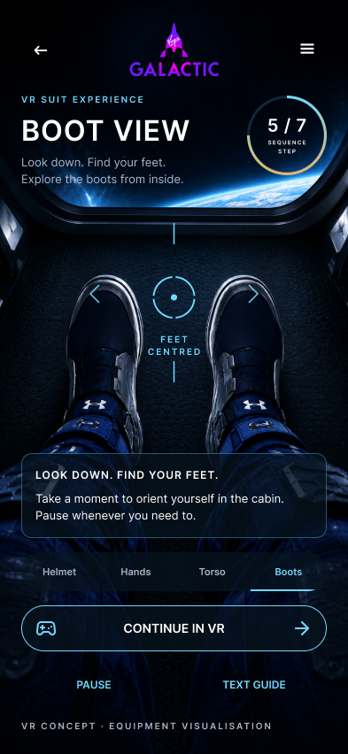 Virgin Galactic boot view showing both feet with fit, sole and mobility callouts and a continue in VR action.