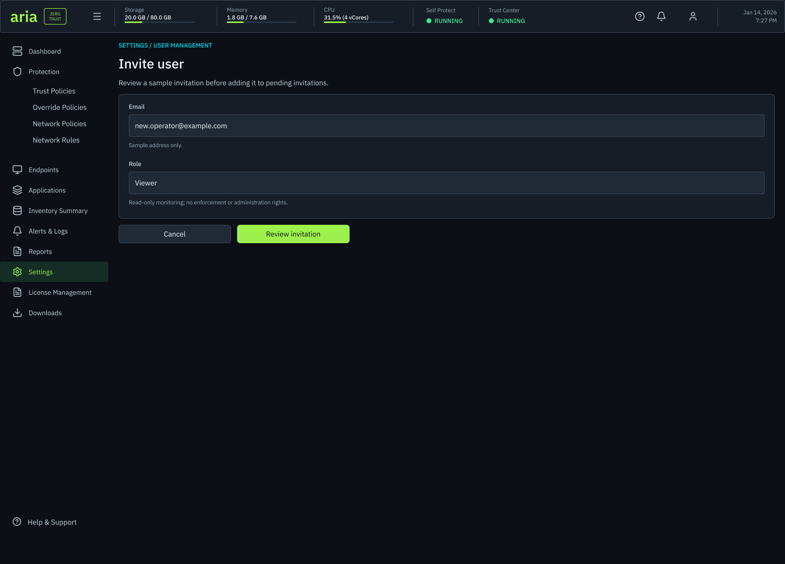Invite user panel: a sample invitation shown before it is added to pending invitations, with email, role of Viewer, a note that read-only monitoring is enforced at administration level, and cancel and review invitation actions.