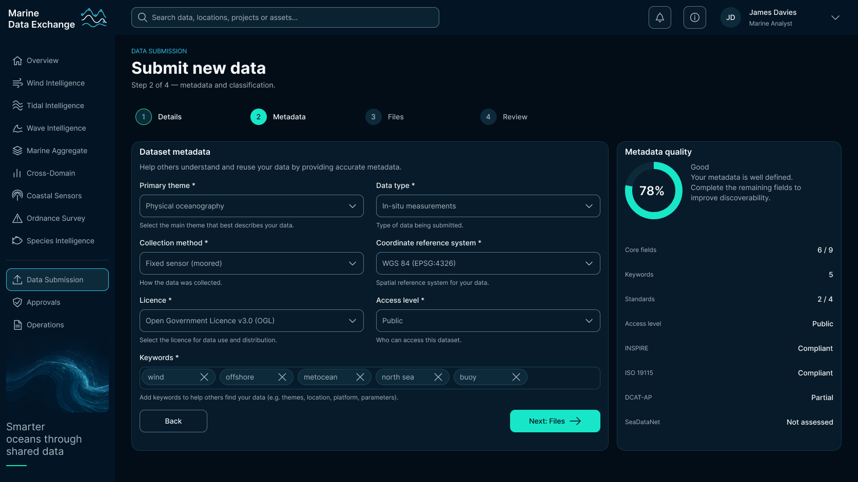Submit new data, step two of four: dataset metadata with primary theme, data type, collection method, coordinate reference system, licence and access level fields, keyword tags, guidance notes, and a metadata quality panel listing complete, partial and unassessed fields.