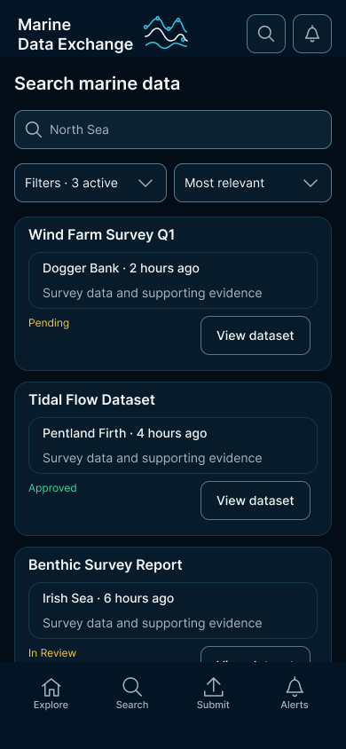 Mobile search screen for marine data: brand header with search and alert actions, a query field, filter and sort controls, stacked dataset cards with status labels and view actions, and a bottom navigation bar for explore, search, submit and alerts.