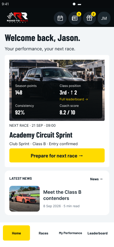 Road to Race light mobile home screen with the matching race card, performance summary, latest news and fixed bottom navigation in the light theme.