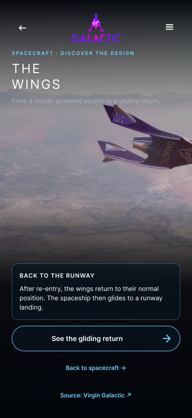 Virgin Galactic wings detail screen showing the spacecraft and a short explanation of the wing design.