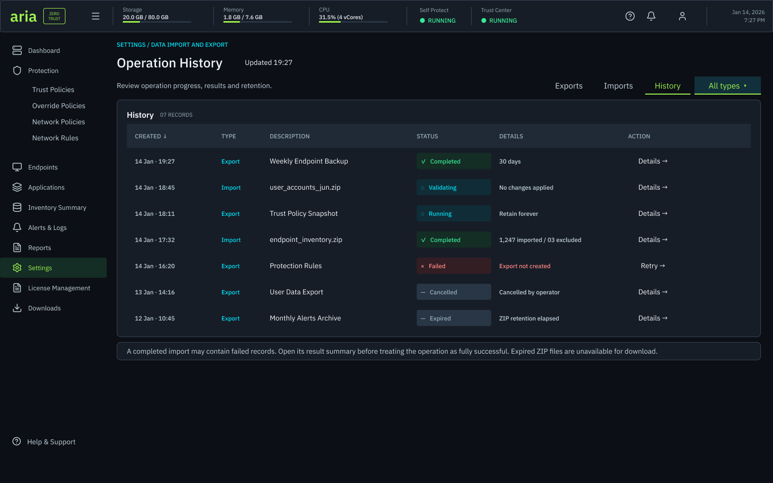 Operation History screen: exports, imports and history tabs with an all types filter, and a history table listing weekly endpoint backup, user accounts CSV, trust policy snapshot, endpoint inventory ZIP, protection rules, user data export and monthly alerts archive entries with completed, validating, running, failed, cancelled and expired status labels, details and retry or details actions, above a note that a completed import may contain failed records.