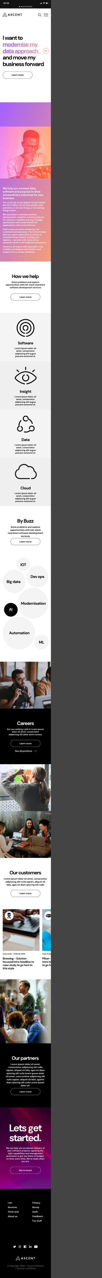 Ascent mobile homepage at 375 width showing the compact navigation, the 'I want to' selector, the gradient introduction panel, How we help, the four service cards stacked vertically, the By Buzz topic cluster, careers, customers and the closing panel.
