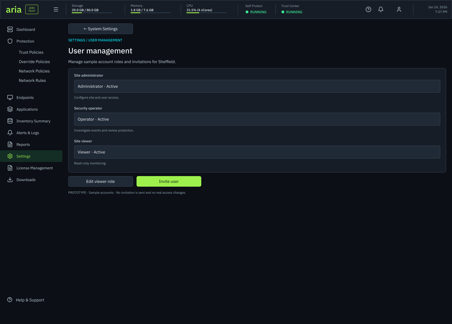User management screen: sample account roles and invitations for Sheffield, listing site administrator, security operator and site viewer accounts with their active state and a short description of each role's access, plus edit viewer role and invite user actions.