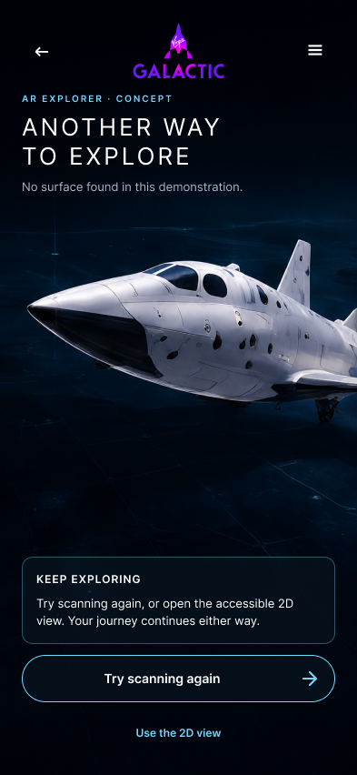 Virgin Galactic AR recovery screen explaining that no surface was found, with retry and 2D view actions.