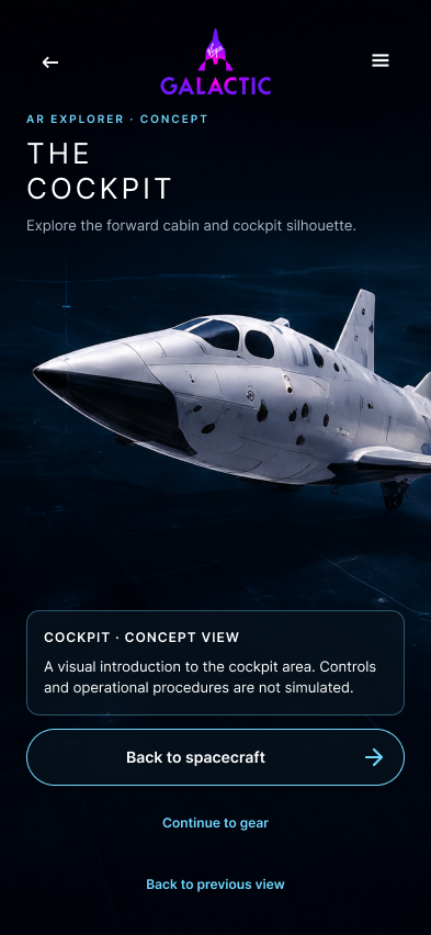 Virgin Galactic cockpit detail screen showing the spacecraft nose and a concise cockpit explanation.