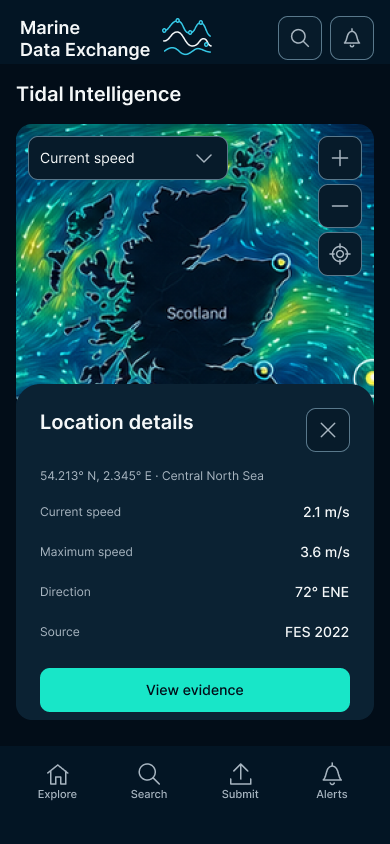 Mobile tidal intelligence screen: a current-flow map of Scotland with zoom and locate controls, a location details sheet giving coordinates, current and maximum speed, direction and source, a view-evidence action, and a bottom navigation bar.