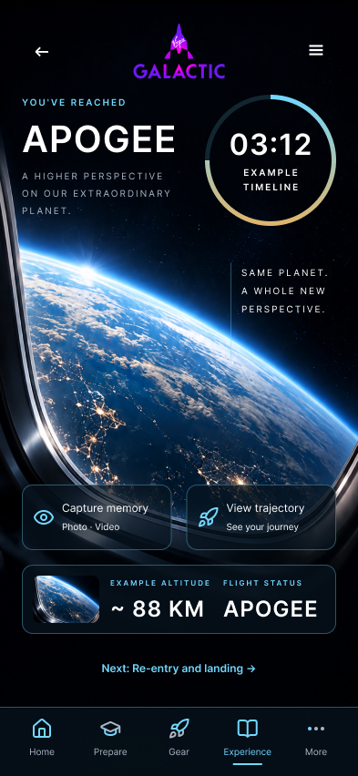 Virgin Galactic apogee screen showing Earth, an example timeline and altitude, and memory and trajectory actions.