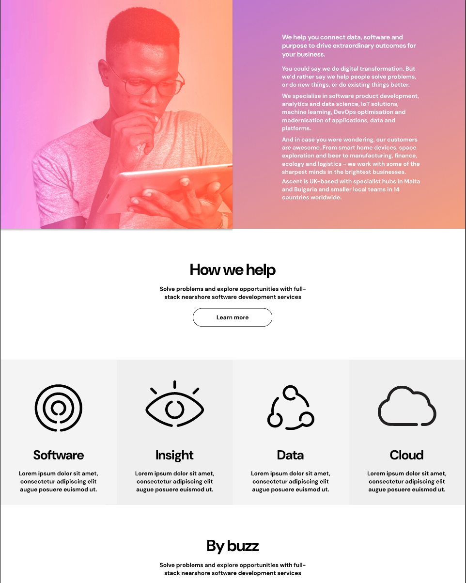 Ascent website design showing a man using a tablet on a pink and orange background, an introduction to the company, How we help, and Software, Insight, Data and Cloud service columns.