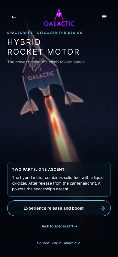 Virgin Galactic engines detail screen showing the spacecraft and a concise propulsion explanation.