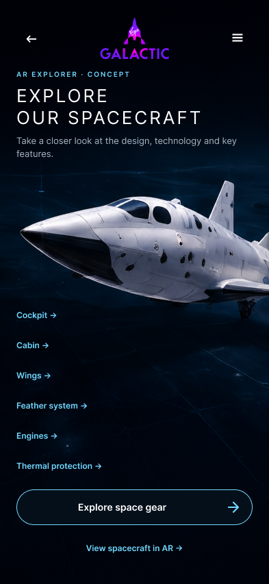 Virgin Galactic spacecraft explorer showing the vehicle with entry points for cockpit, cabin, wings, feather system, engines and thermal protection.