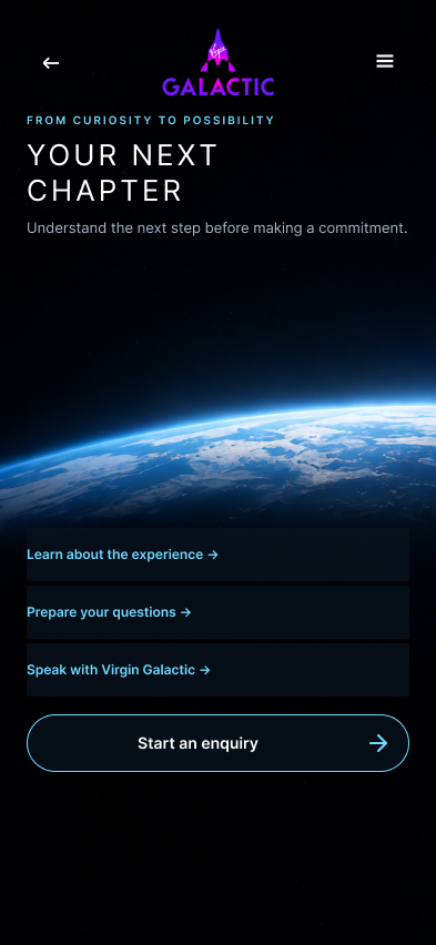 Virgin Galactic enquiry screen offering routes to learn about the experience, prepare questions and speak with the team.