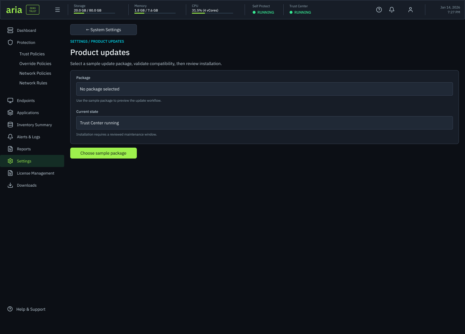 Product updates screen: select a sample update package, validate compatibility, then review installation, with a package field showing no package selected, a current state of Trust Center running, an installation-requires-maintenance note and a choose sample package action.