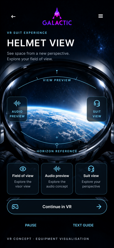 Virgin Galactic helmet view screen showing a passenger point of view with field of view, audio and ventilation callouts.