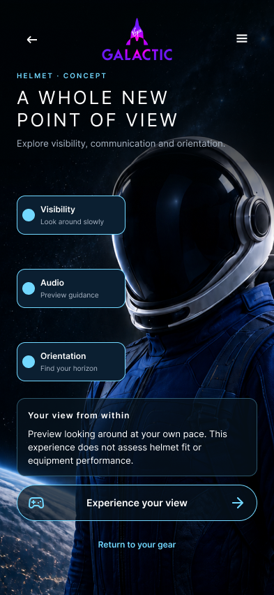 Virgin Galactic helmet screen showing visibility, audio communication and air flow around a passenger helmet.
