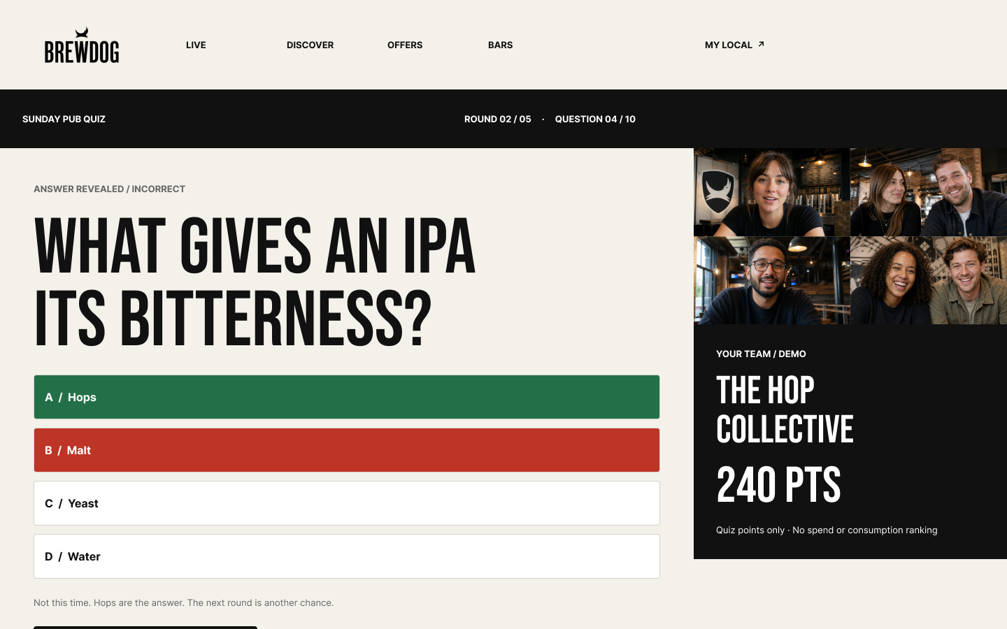 BrewDog LIVE quiz answer-revealed screen: the question 'What gives an IPA its bitterness?' with hops marked correct in green, malt marked incorrect in red, yeast and water neutral, beside a team panel showing The Hop Collective at 240 points.