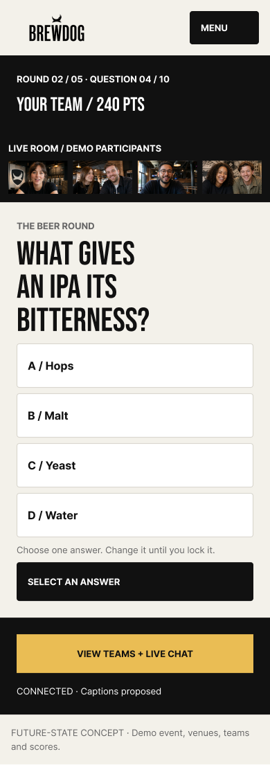 BrewDog LIVE mobile question screen: round two of five with the team score, a live-room strip of demo participants, the beer-round question with four stacked answer options, and a select-an-answer action above a view-teams-and-live-chat action.