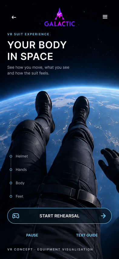 Virgin Galactic full body rehearsal screen showing a first-person view of boots and hands with a start rehearsal action.