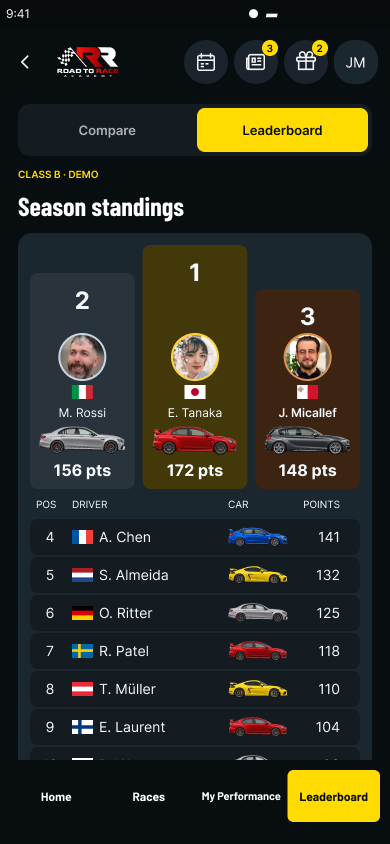 Road to Race dark mobile Season standings screen with a Compare and Leaderboard toggle, a three-place podium of fictional drivers with cars and points, and a ranked list of further positions above bottom navigation.