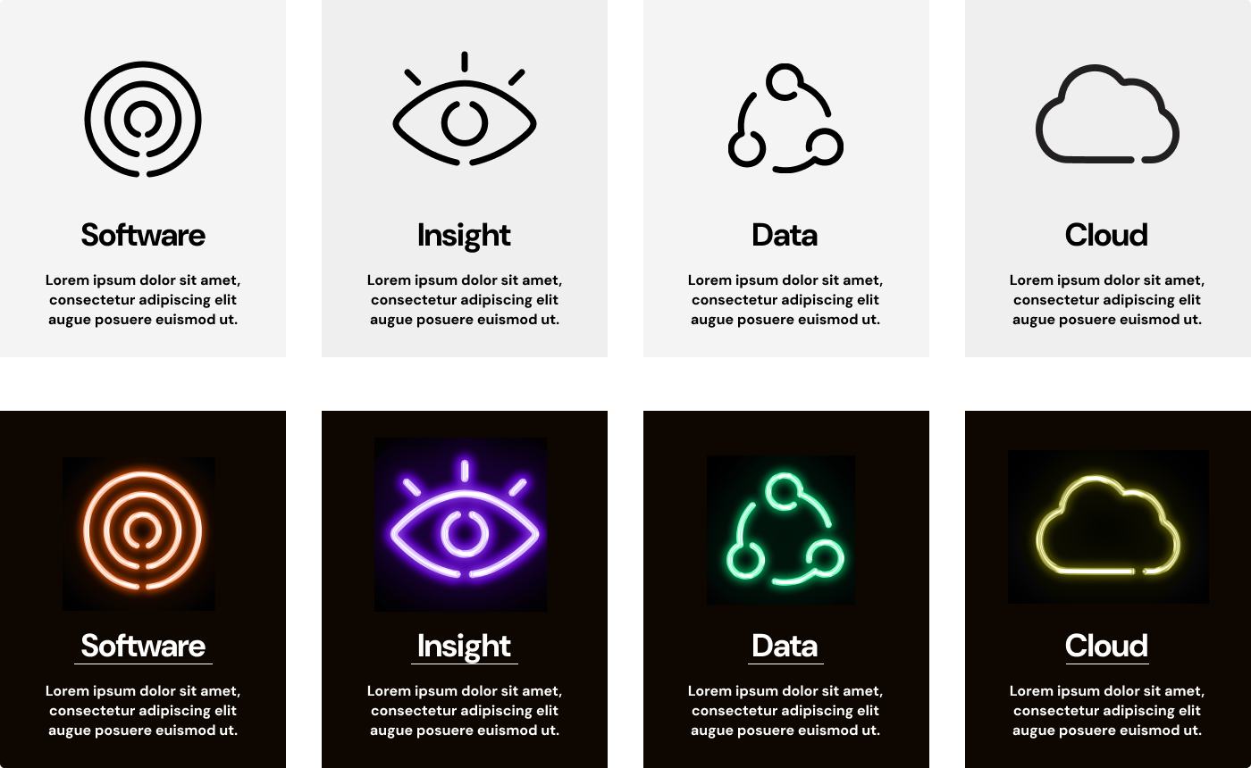 Ascent Service Card component set showing eight variants: Software, Insight, Data and Cloud in a light default state with outlined icons, and the same four in a dark hover state with illuminated neon icons and an underlined title.