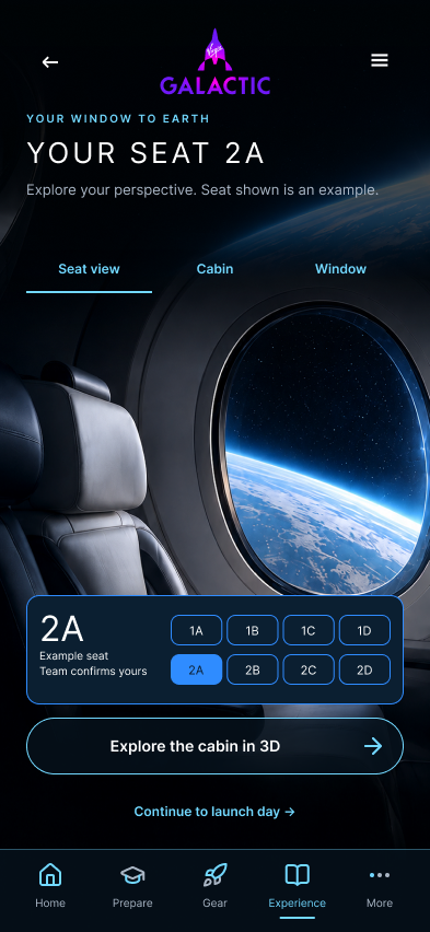 Virgin Galactic passenger seat screen showing seat 2A, cabin controls and a view through the window.