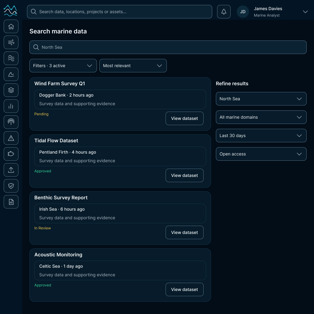 Tablet search screen for marine data: a query field with active filters and sort, four dataset result cards showing location, recency and pending, approved or in-review status, and a refine-results column of region, domain, date and access filters.