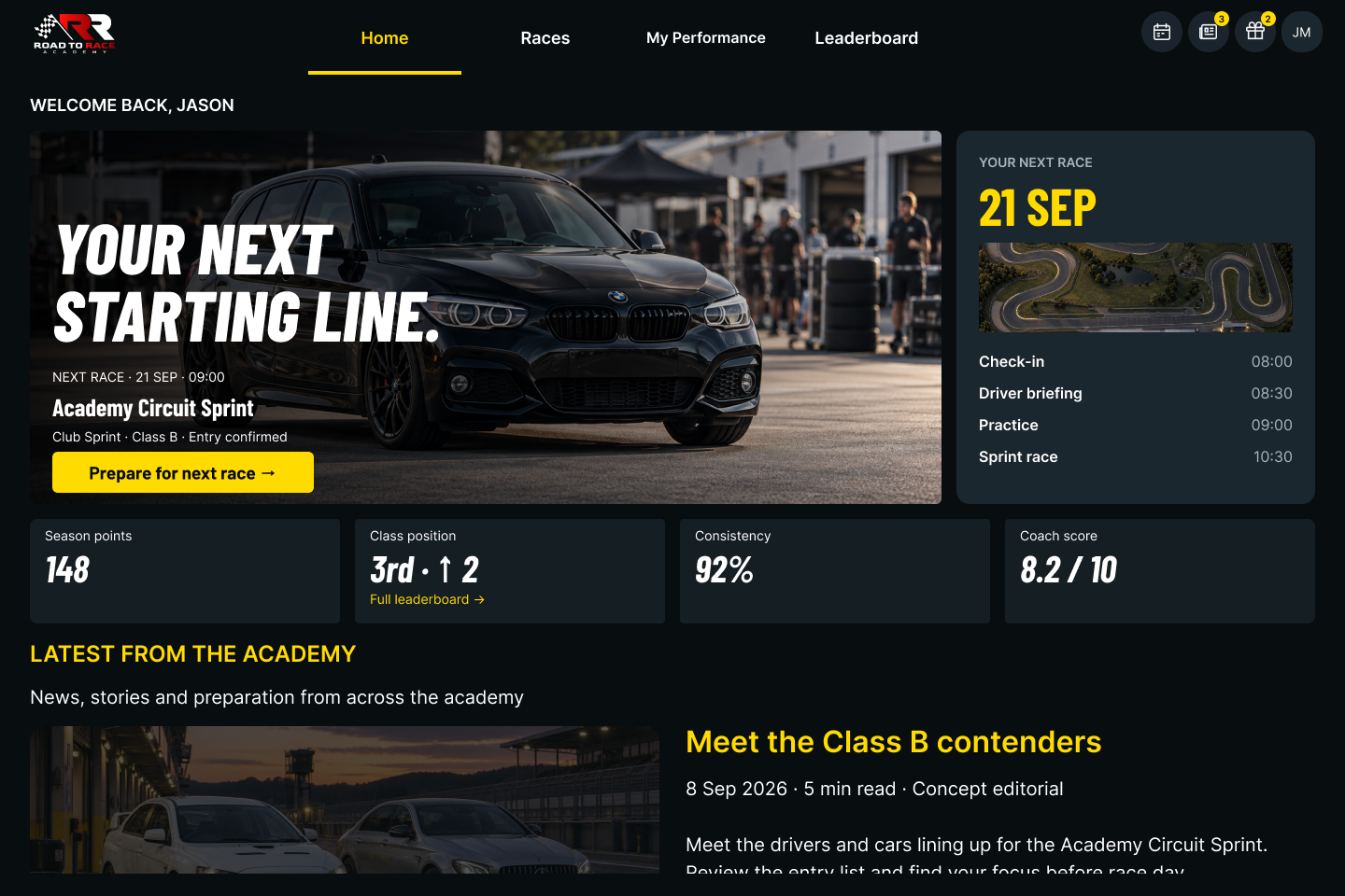 Road to Race dark web home screen at 1440 × 960 with primary navigation, a next-race hero card, sample performance cards and academy content below.