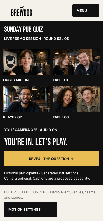 BrewDog LIVE mobile session: Sunday Pub Quiz round two of five with four demo participant thumbnails labelled host, table 01, player 02 and table 03, camera-off status for the viewer, a 'You're in. Let's play.' message and a reveal-the-question action.