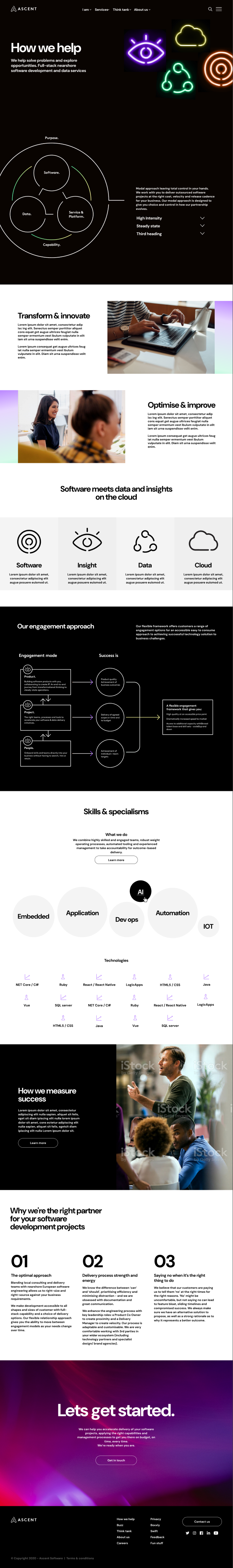 Ascent How we help desktop page with a neon icon header, a purpose, software, data and service diagram, transform and optimise sections, the four service cards, an engagement approach diagram, skills and specialisms with a technology list, and a three point partner rationale.