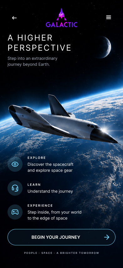 Virgin Galactic welcome screen introducing a higher perspective with routes to discover the spacecraft, understand the journey and learn more.