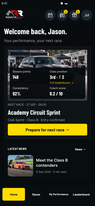 Road to Race dark mobile home screen with a welcome header, next-race card, performance summary, latest news and fixed bottom navigation.