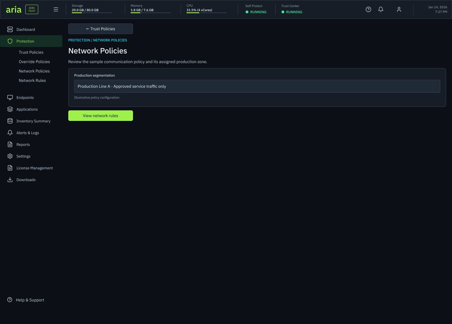 Network Policies screen: a review of the sample communication policy and its assigned production zone, a Production Line A approved service traffic policy entry, and a view network rules action.