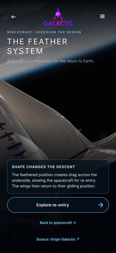 Virgin Galactic feather system detail screen showing the spacecraft and a concise explanation of the re-entry configuration.