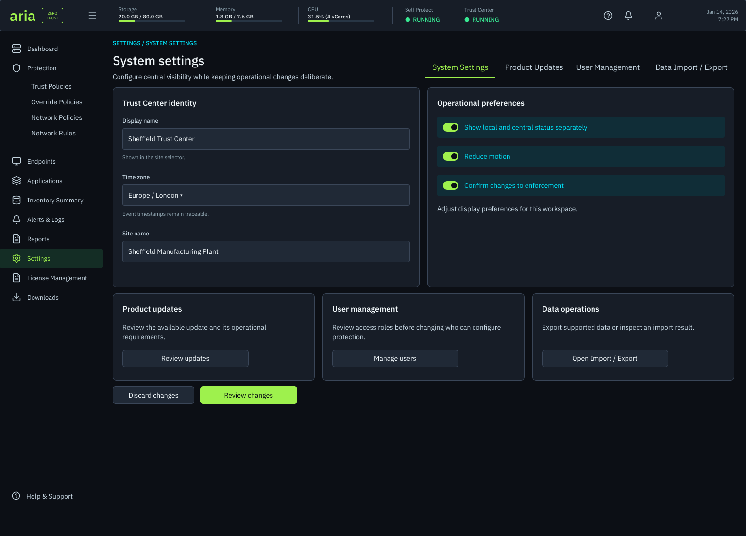 System settings screen with system settings, product updates, user management and data import and export tabs: Trust Center identity fields for display name, time zone and site name, operational preferences for local and central status visibility, reduced motion and confirm changes to enforcement, and product update, user management and data operations panels with discard changes and review changes actions.