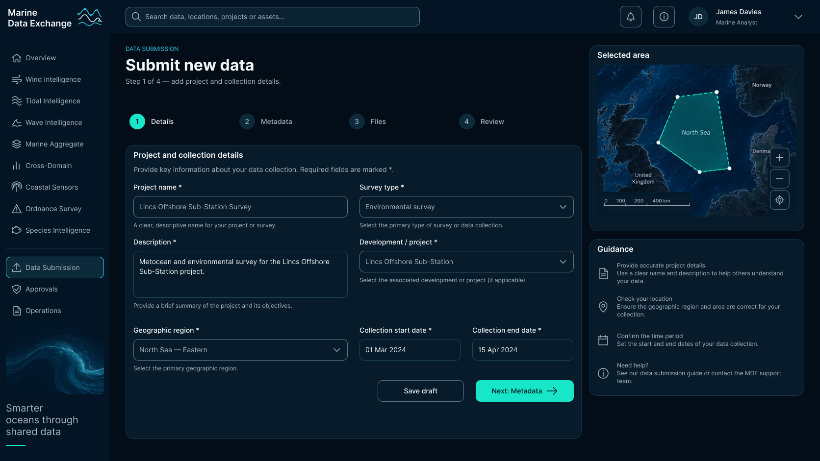 Submit new data, step one of four: project and collection details with project name, survey type, description, development or project, geographic region and collection date fields, a selected survey area drawn on a map, and save draft and next actions.