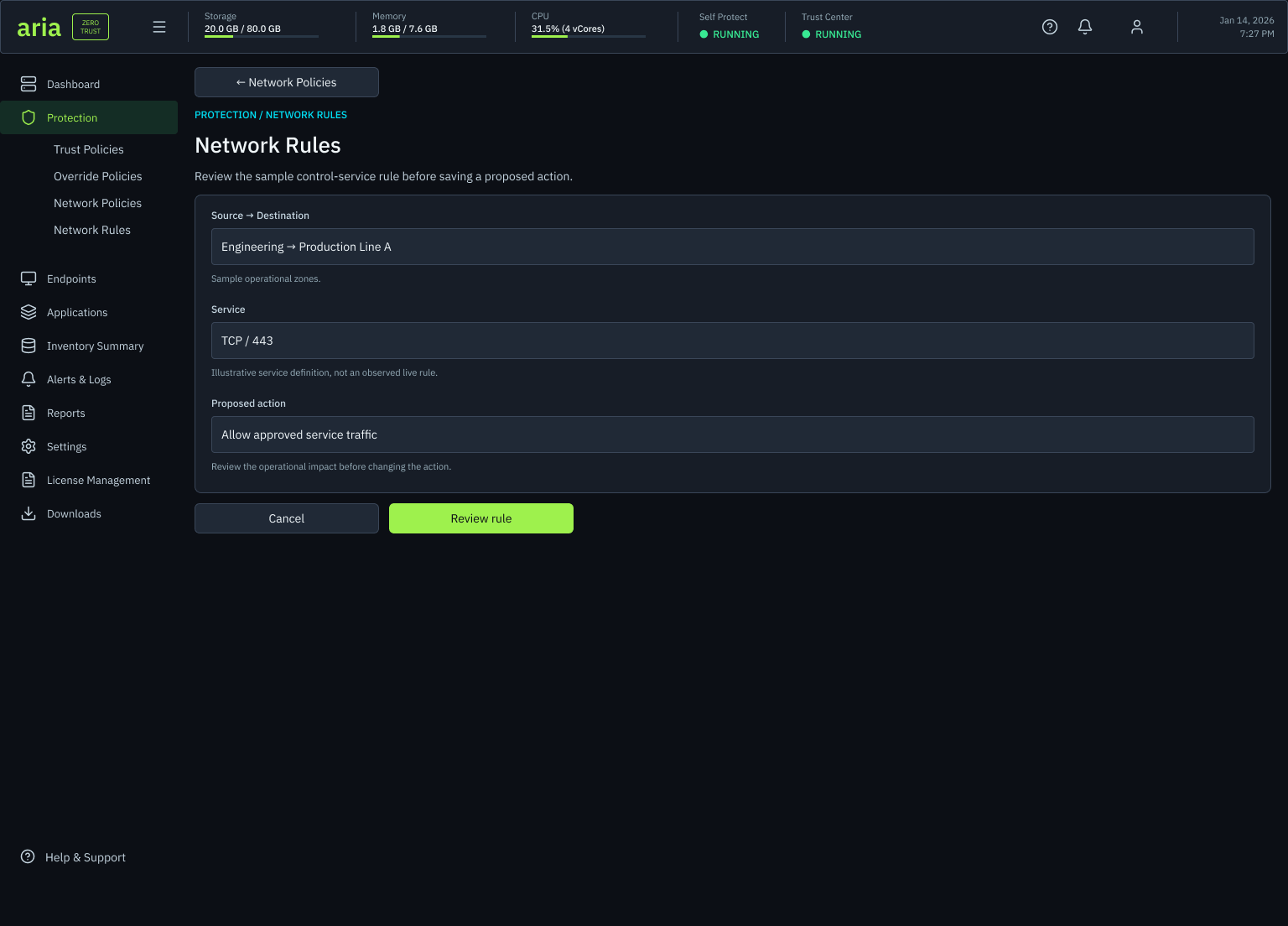 Network Rules screen: a sample control service rule with source Engineering to Production Line A, service TCP 443 and a proposed action to allow approved service traffic, a note that the operational impact should be reviewed before changing the service, and cancel and review rule actions.