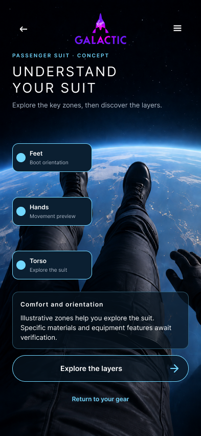 Virgin Galactic passenger suit screen introducing function, materials and a route to explore its layers.