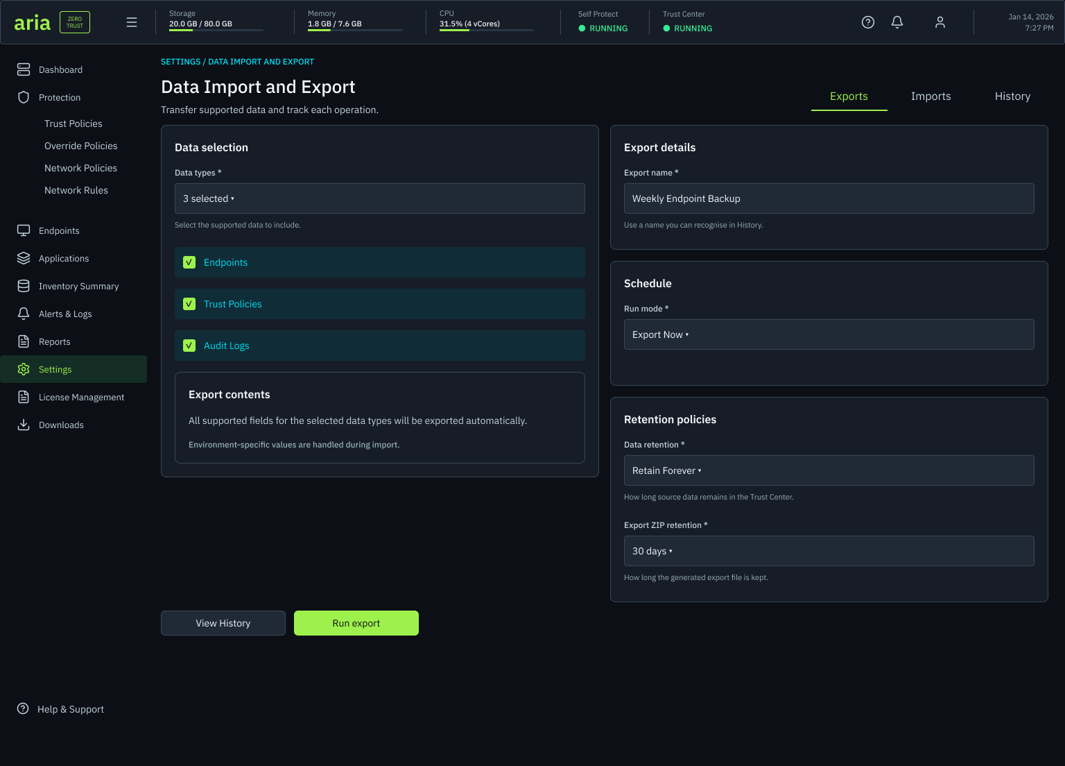 Data import and export screen: a data selection list with endpoints, trust policies and audit logs selected, export details with name and destination, a schedule with run mode and export time, retention policies with data retention, export ZIP retention and a note that export files are handled during export, and view history and run export actions.