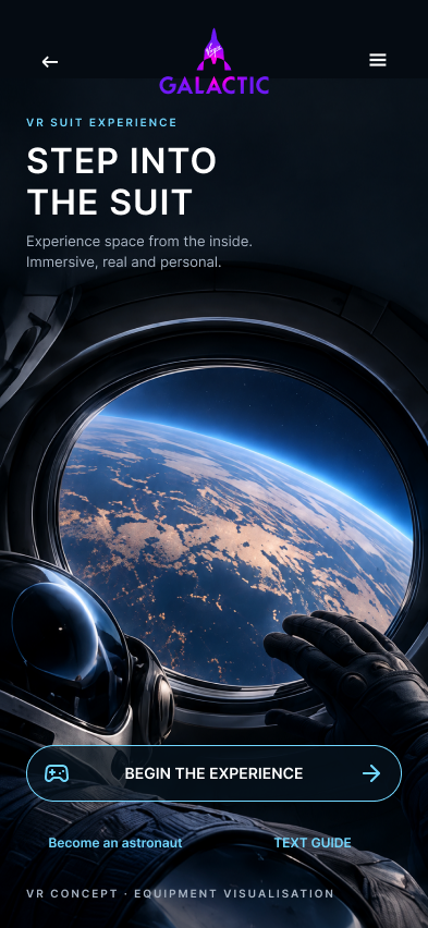 Virgin Galactic suit experience opening screen showing Earth through a spacecraft window with immersive and text-guide routes.