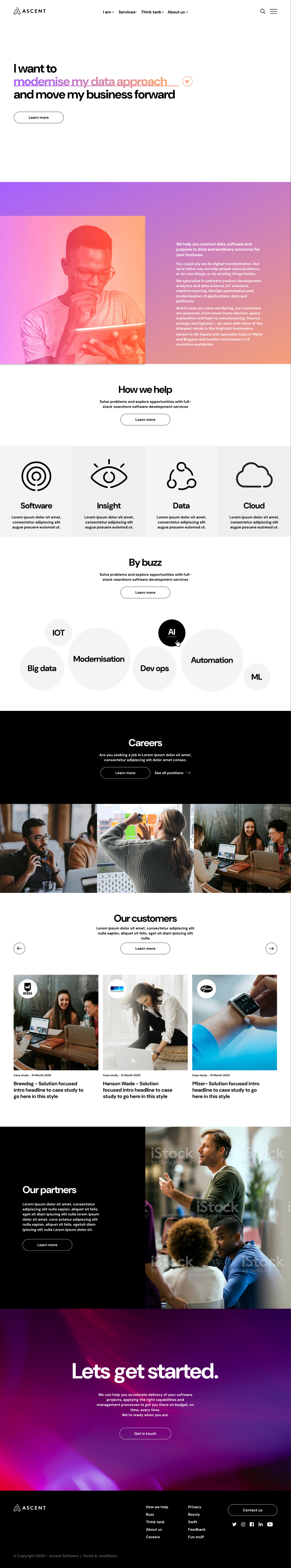 Full Ascent desktop homepage layout showing the 'I want to' opening, a gradient introduction panel, How we help, four service cards for Software, Insight, Data and Cloud, a By buzz topic cluster, a careers band, a customers case study row, a partners section and a closing 'Lets get started' panel above the footer.