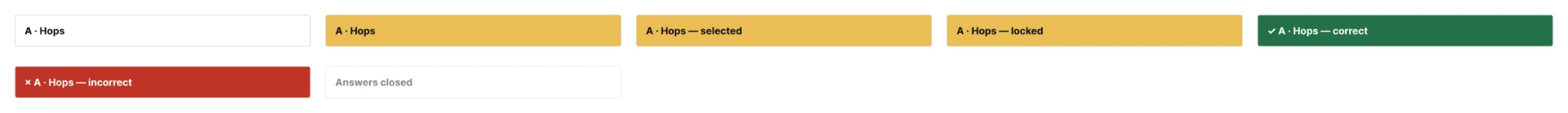 BrewDog LIVE answer-state component sheet: the same answer option shown as default, selected, locked, correct in green, incorrect in red and answers-closed disabled.
