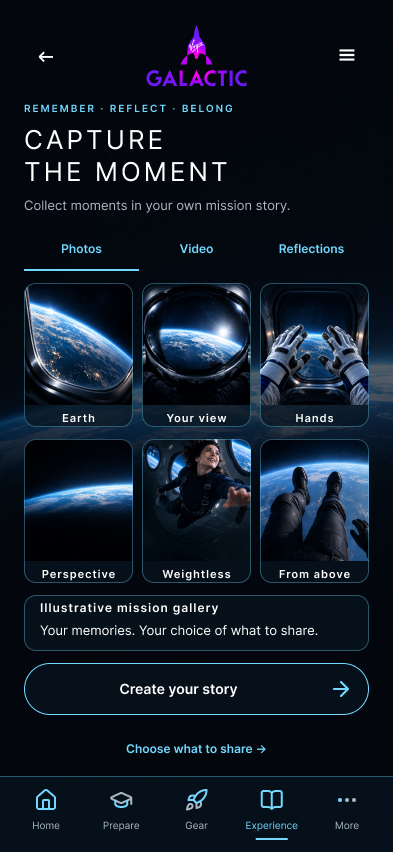Virgin Galactic memories screen arranging views of Earth, the cabin and passengers into photos, video and reflections.