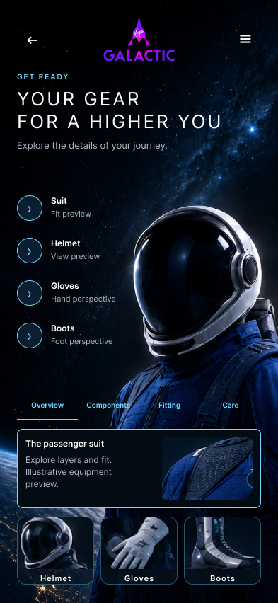 Virgin Galactic gear discovery screen presenting suit, helmet, gloves and boots with component previews.