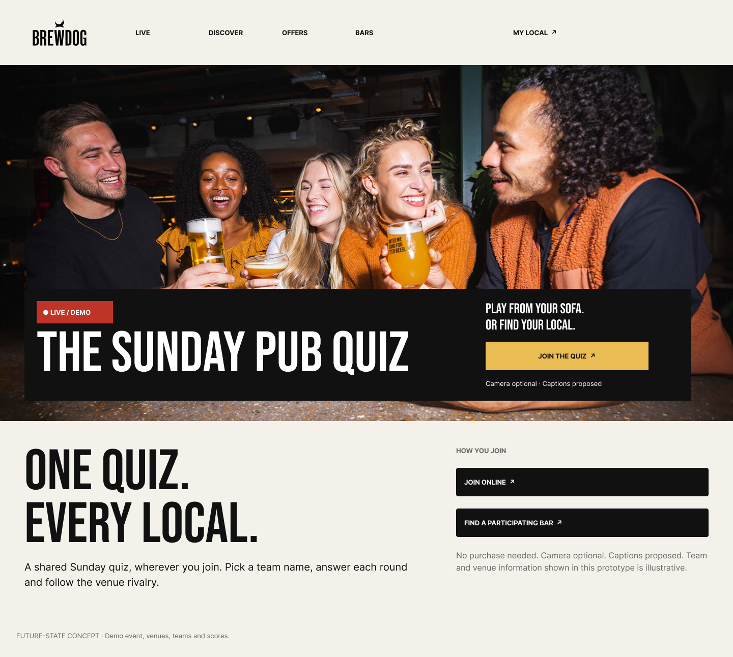 BrewDog LIVE event page: a photographic header of friends with drinks, a live/demo labelled Sunday Pub Quiz title block with a join action, and a section explaining how to join online or find a participating bar.