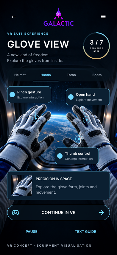 Virgin Galactic glove view showing pinch, open hand and thumb control callouts above Earth.