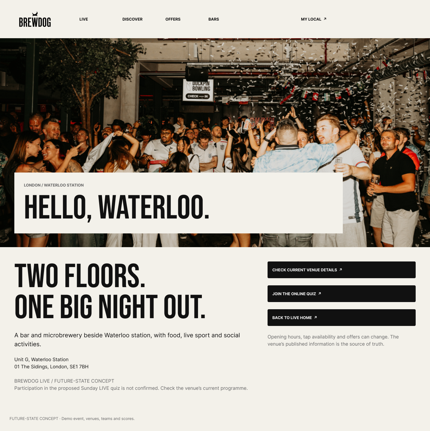 BrewDog LIVE venue page for London Waterloo station: a crowd photograph with a 'Hello, Waterloo' title block, 'Two floors. One big night out.', the venue address, and actions to check current venue details, join the online quiz or return to LIVE home.