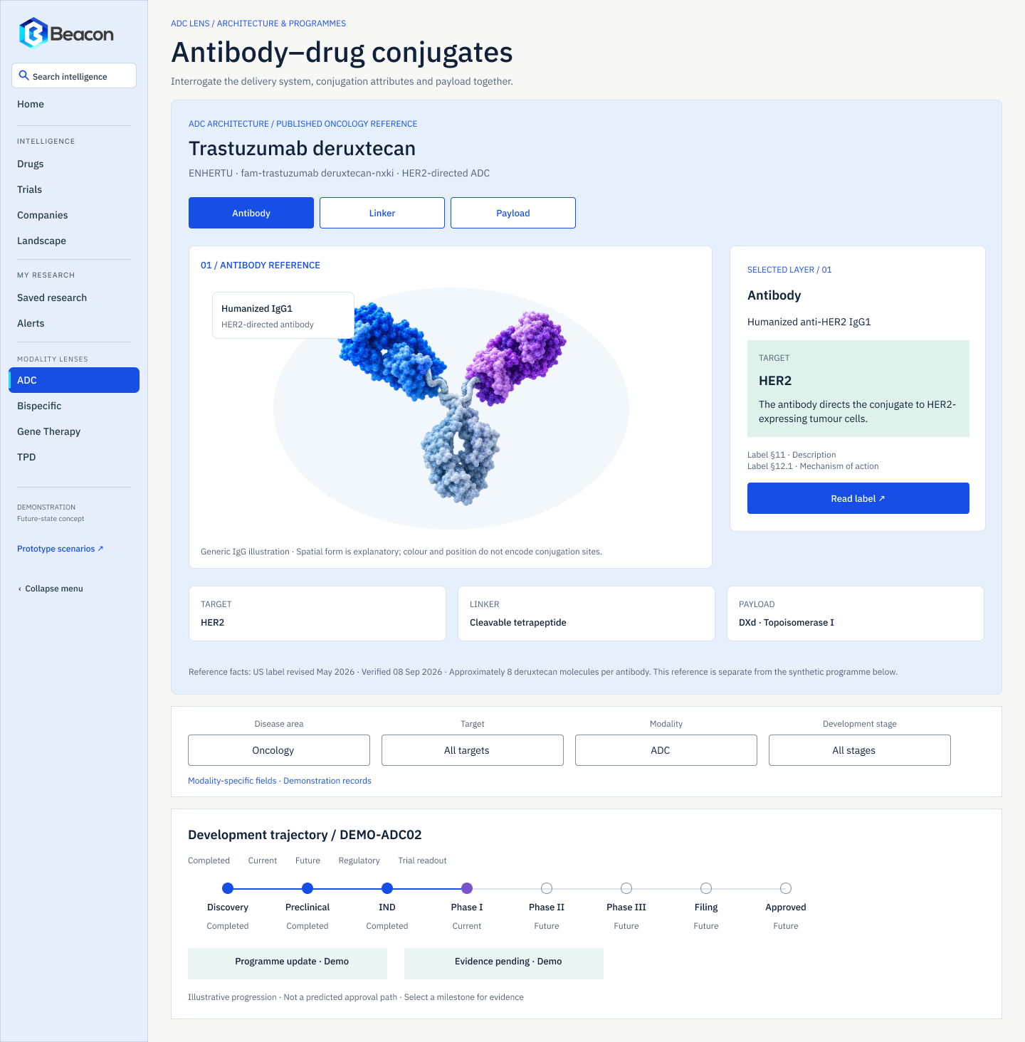 Beacon antibody–drug conjugate lens for trastuzumab deruxtecan, with antibody, linker and payload layer tabs, an explanatory antibody illustration, a selected-layer panel and target, linker and payload facts.