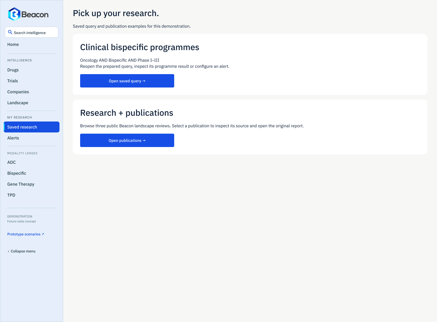 Beacon saved research page headed 'Pick up your research.', listing a saved clinical bispecific query and a research and publications entry, each with an open action.